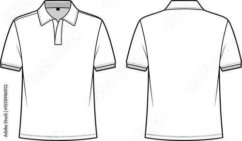 Classic White Polo Shirt Mockup, Front and Back Views, Casual Short Sleeve Collared Top Template for Men and Women, Apparel Design, Customizable Vector Illustration.