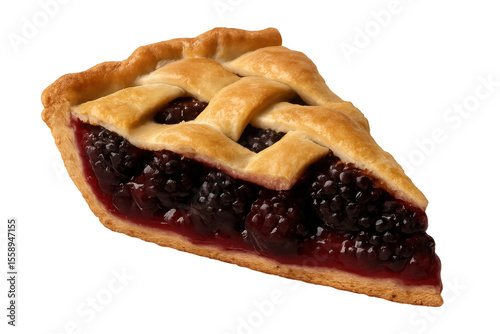 Freshly baked blackberry pie slice showcasing a lattice crust and juicy berry filling, isolated on a transparent background