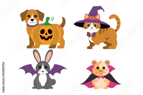 Cartoon Animals Dressed for Halloween Dog with Pumpkin, Cat in Witch Hat, Bat Bunny