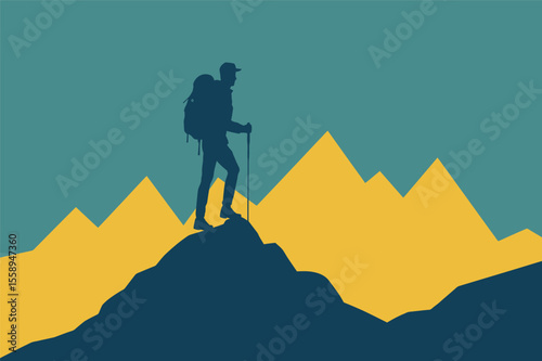 Silhouette man hiking mountaintop backpack adventure