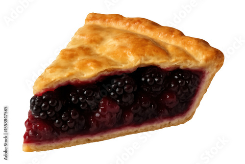 Freshly baked blackberry pie slice showcasing golden crust and juicy berry filling, isolated on transparent background