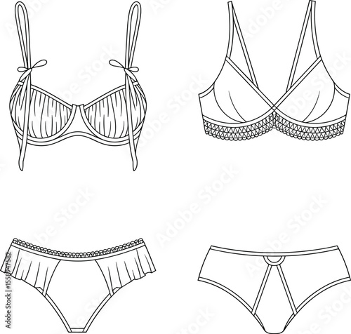 Lingerie Set Fashion Flat Sketch: Feminine Bra and Panties Technical Drawing, Undergarment Apparel CAD Template.