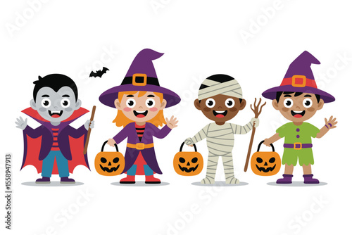 Cartoon Kids in Halloween Costumes Vampire, Witch, Mummy, and Goblin with Pumpkin Buckets