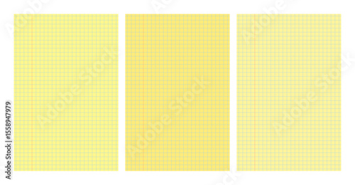 Set of yellow legal pad pages with lined or grid designs