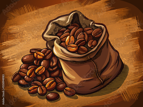 Coffee Beans in a Burlap Sack on a Rustic Background