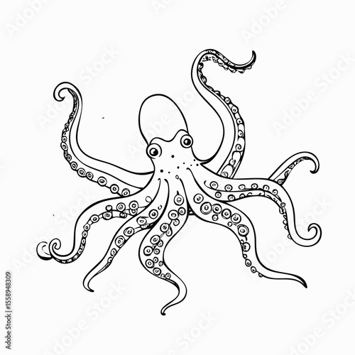 Detailed Intricate Line Art Illustration of an Octopus: Hand-Drawn Marine Animal with Tentacles and Suction Cups - Black and White Vector