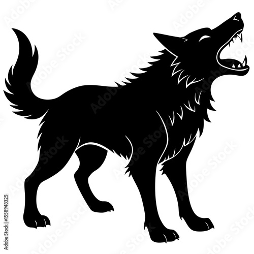 Rabid dog barking silhouette on white background