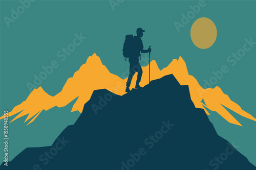 Silhouette of man hiking mountain peak sunset