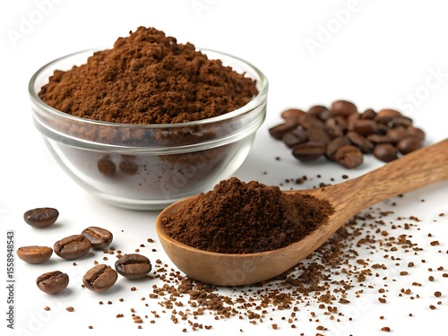 Ground coffee and whole beans in a bowl and spoon isolated on white background