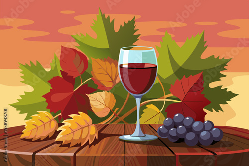 Autumn Wine and Grapes on Wooden Table