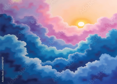 A surreal abstract watercolor landscape, featuring flowing clouds of soft violet, deep indigo, and vibrant teal blending together