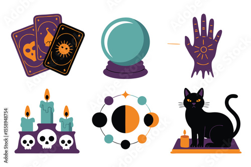 Colorful Cartoon Illustration Featuring Tarot Cards, Crystal Ball, Palmistry, Candles, Moon Phases, and Black Cat