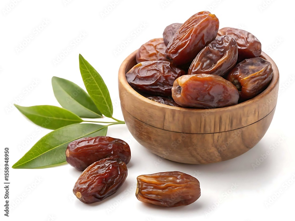 Obraz premium Fresh medjool dates in a wooden bowl with green leaves isolated on white background