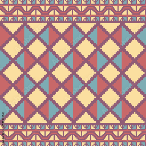 Vintage Pixel Tribal Seamless Pattern .Geometric tribal pattern with a pixel-art style using a Desert Clay Turquoise Sand color palette. Ideal for textiles, background.