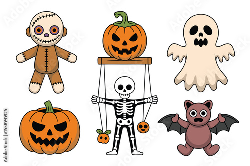 Cute Halloween Cartoon Characters Pumpkin, Ghost, Bat, Skeleton Puppet, and Stitched Doll