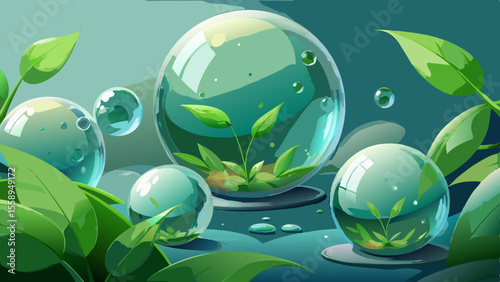 Green plants in transparent bubbles surrounded by leaves