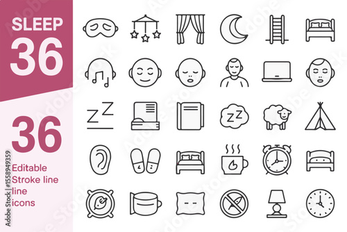 Collection of 36 sleep and relaxation related line icons isolated on white background