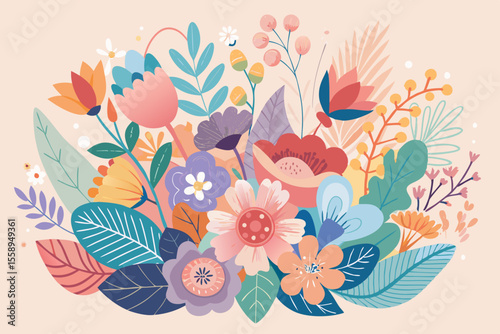 Vibrant Floral Arrangement Design with Abstract Flowers and Leaves
