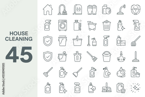 Collection of house cleaning icons and supplies isolated on white background