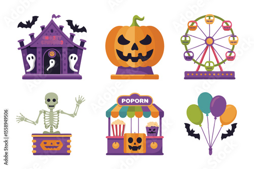 Halloween Carnival Icons Haunted House, Jacko'Lantern, Ferris Wheel, Skeleton, Popcorn Stand and Balloons