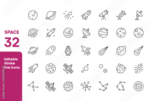 Collection of 32 editable stroke line icons representing space exploration and celestial bodies isolated on white background