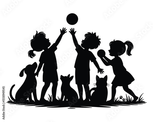 Stylish silhouette of kids playing with pets silhouette vector style with white background