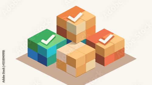 Multi-colored cube construction with checkmarks