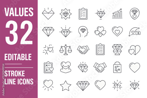 Collection of 32 editable stroke line icons representing values and concepts isolated on white background