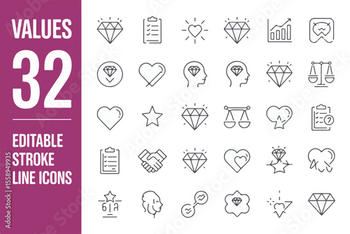Collection of editable stroke line icons representing values and concepts isolated on white background