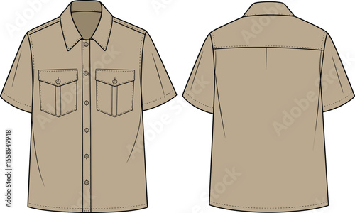 Men's Casual Short Sleeve Collared Button-Up Shirt, Front and Back View, Classic Style, Everyday Wear, Fashion Apparel, Technical Drawing, Flat Sketch for Design, Editable Vector Template.