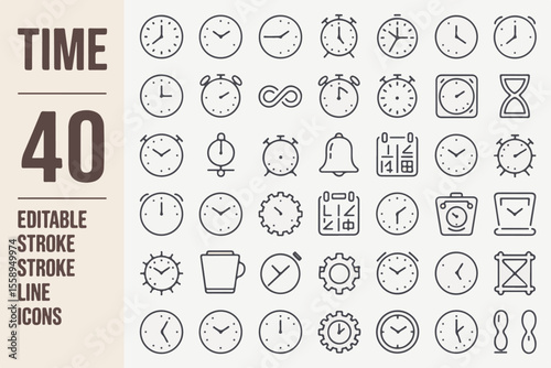 Collection of 40 editable stroke line icons representing various timekeeping devices isolated on white background