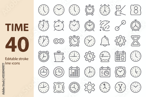 Collection of 40 editable stroke line icons representing various timekeeping devices and concepts isolated on white background