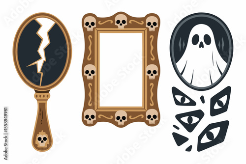 Halloween Elements Broken Mirror, Skull Frame, Ghost Portrait, and Floating Eyes Composition
