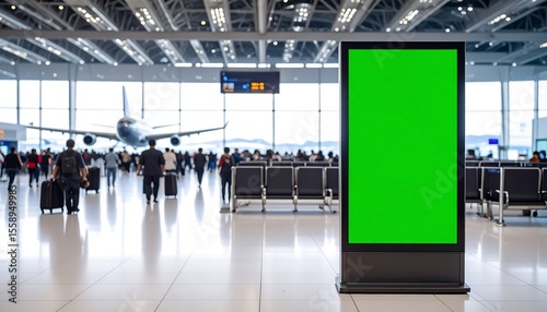 Airport Terminal with Green Advertising Sign.