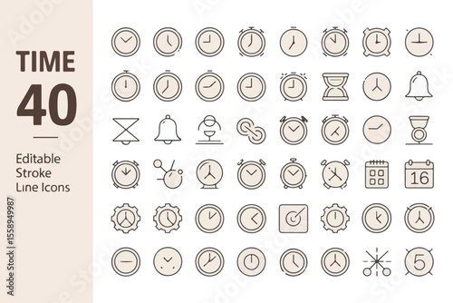 Collection of 40 editable stroke line icons representing various timekeeping devices and concepts isolated on white background