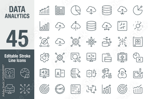 Comprehensive data analytics icons set for business and technology isolated on white background