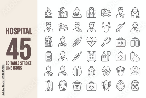 Collection of 45 hospital and medical line icons isolated on white background