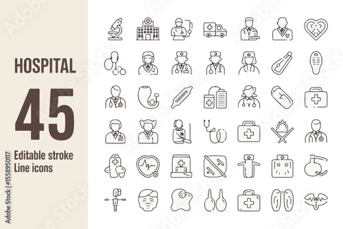 Collection of 45 editable stroke line icons representing hospital and medical services isolated on white background