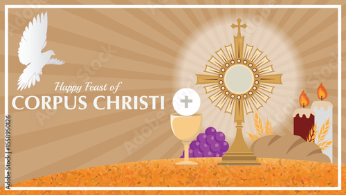 Happy Feast of Corpus Christi vector Illustration. Symbolic elements of the Eucharistic feast, including host, chalice, Monstrance, bread, wine, candles, wheat, and doves. Card, cover, banner, poster
