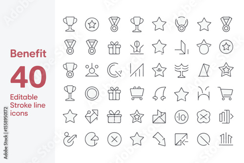 Collection of 40 editable stroke line icons representing benefits and achievements isolated on white background