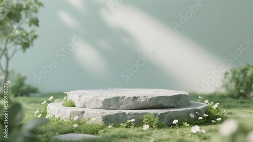 A lush green product display scene and a background for product shooting