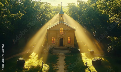 Sunlit Chapel in Forest Clearing: Beams of Light Illuminate Stai