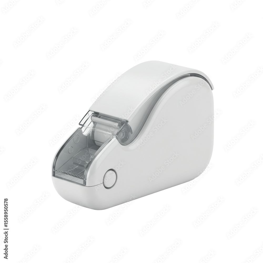A new, ergonomic, compact double-sided scrapbooking tape runner/dispenser made of smooth light grey plastic with crisp contours, centered on a transparent seamless background with shadowless lighting A new, ergonomic, compact double-sided scrapbooking tape runner/dispenser made of smooth light grey plastic with crisp contours, centered on a transparent seamless background with shadowless lighting