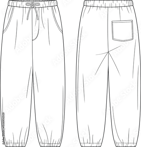 Relaxed Fit Technical Flat Sketch of Men's Women's Unisex Drawstring Waist Elastic Cuff Jogger Sweatpants Trousers for Fashion Design and Apparel Mockups