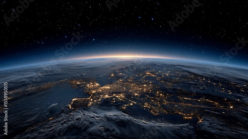 Earth at night from space showing illuminated continents and a starry sky