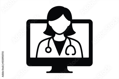 Doctor on computer screen with stethoscope telemedicine consultation silhouette