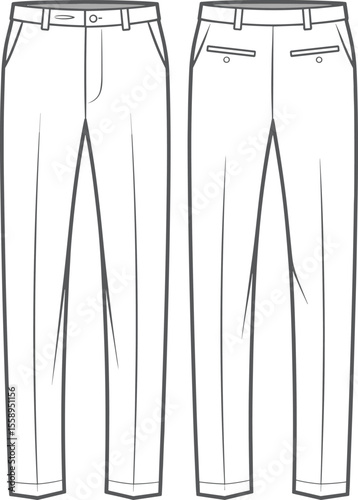 Classic Men's Flat Front Chinos Trousers with Pockets and Belt Loops, Casual Smart Apparel for Everyday Wear and Business Attire, Vector Outline Mockup
