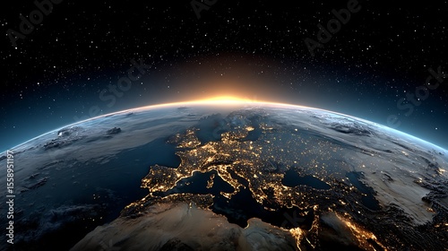Fototapeta Naklejka Na Ścianę i Meble -  Earth from space at night with the sunrise approaching over europe and stars above