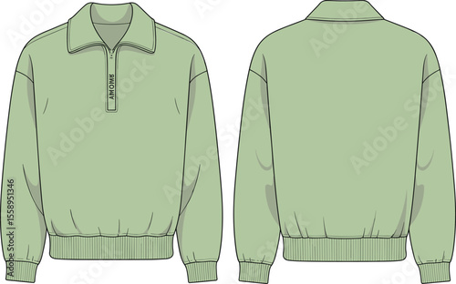 Oversized Unisex Mint Green Quarter-Zip Pullover Sweatshirt with Ribbed Cuffs and Hem, Casual Fashion Apparel Front and Back View