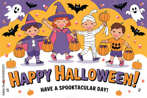 Happy Halloween Illustration with Children in Costumes, Bats, Candy Corn, Pumpkins, and Playful Ghosts